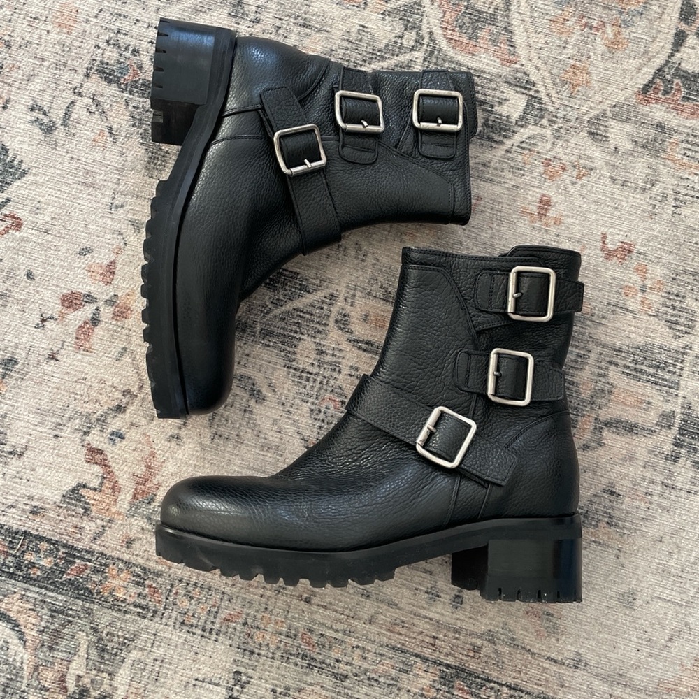 Browns‎ Couture Women's Triple Buckle  Leather Moto Boots Size 36.5 Black